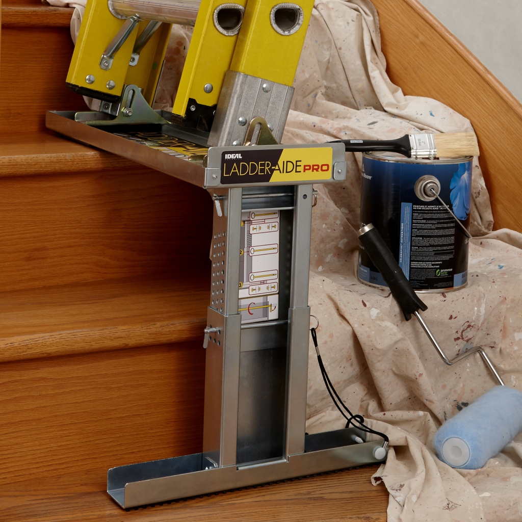 The Ladder-Aide PRO, a ladder leveling tool to safely use ladders on stairs.