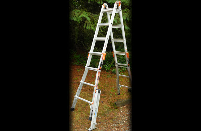 Levelok's Keylock Quick Connect Ladder Leveler, in use and installed on a ladder.